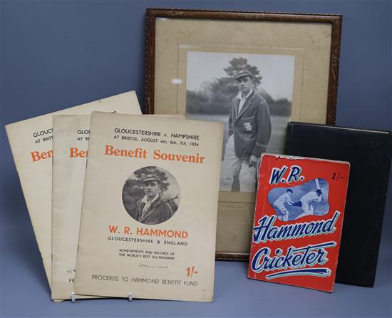 Walter Wally Hammond, a signed monochrome photograph, three signed 1934 benefit souvenir programmes,